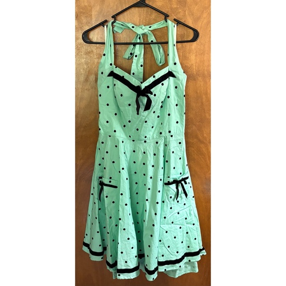 Hell Bunny Mint Jolene Polka Dot Velvet A-Line Halter Dress NWT XL Rockabilly - Picture 2 of 16